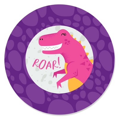 Big Dot of Happiness Roar Dinosaur Girl - Dino Mite T-Rex Baby Shower or Birthday Party Circle Sticker Labels - 24 Count