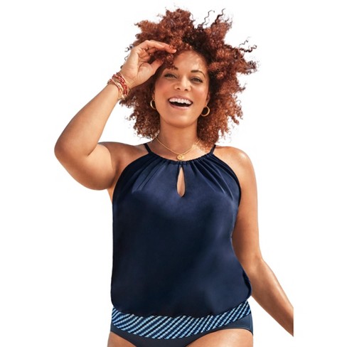 Swimsuits For All Women's Plus Size Loop Strap Blouson Tankini Top 26 Happy  Turq 