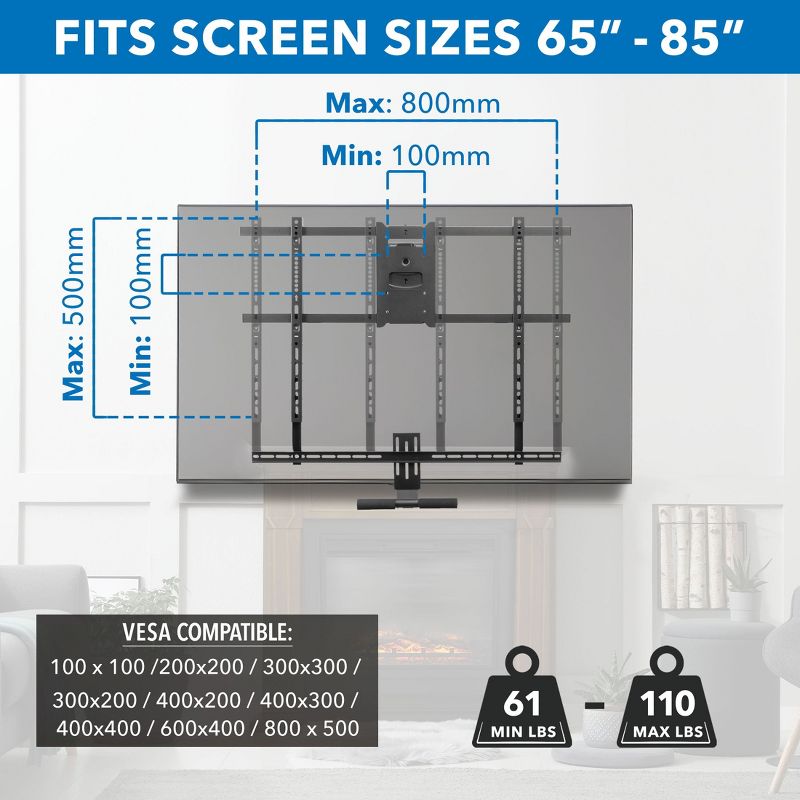 Mount-It! Height Adjustable Fireplace Large TV Mount | Fits 65" - 85" TVs | 110 Lbs. Weight Capacity | Black, 4 of 11