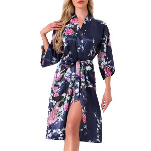 INSPIRE CHIC Women's Midi Robe Silky V-Neck Floral Print Sleepwear Bachelorette Robe Soft Nightgown - 1 of 4