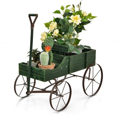 Tangkula Wooden Garden Flower Planter Wagon Wheel Plant Bed Decorative Garden Planter for Backyard Garden