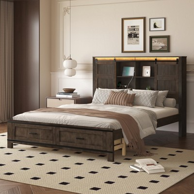TIRAMISUBEST Wood Queen Size LED Platform Bed with Barn Door Design Headboard, USB and 2 Drawers, Modern Bed Frame with Storage Headboard