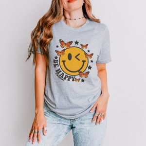 Simply Sage Market S.W.Smiley Be Happy Butterflies Short Sleeve Tee - L - Heather Grey - 1 of 4