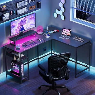 GALAXHERO 60 Inch L-Shaped Gaming Desk with Power Outlets & LED Lights, Corner Desk with Hook, Convertible Office Desk for Bedroom