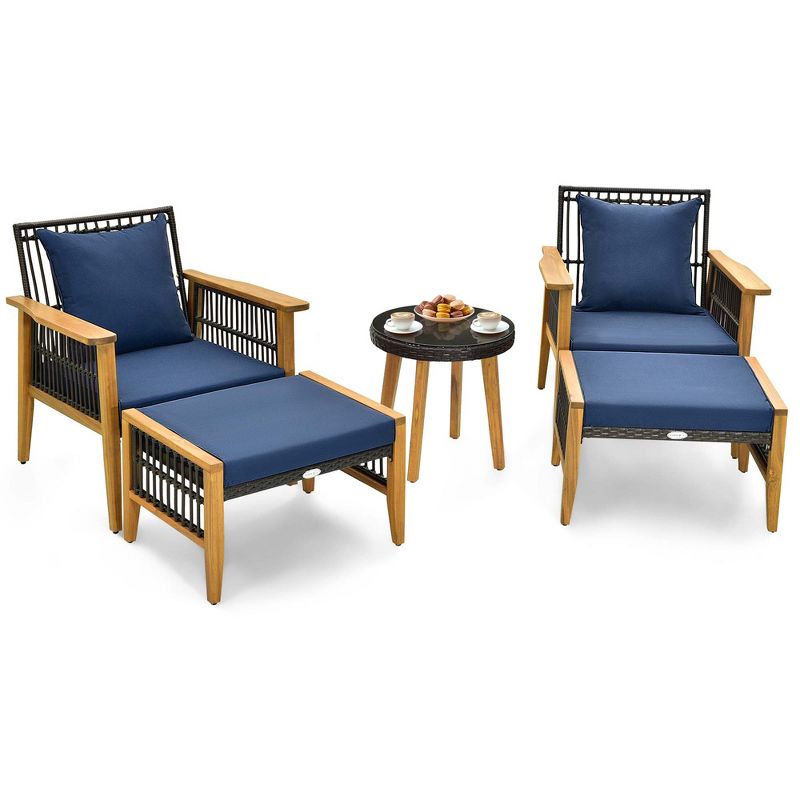 Costway 5 Pcs Patio Acacia Wood Wicker Woven Furniture Set with Coffee Table & 2 Ottomans Navy/Beige, 2 of 11