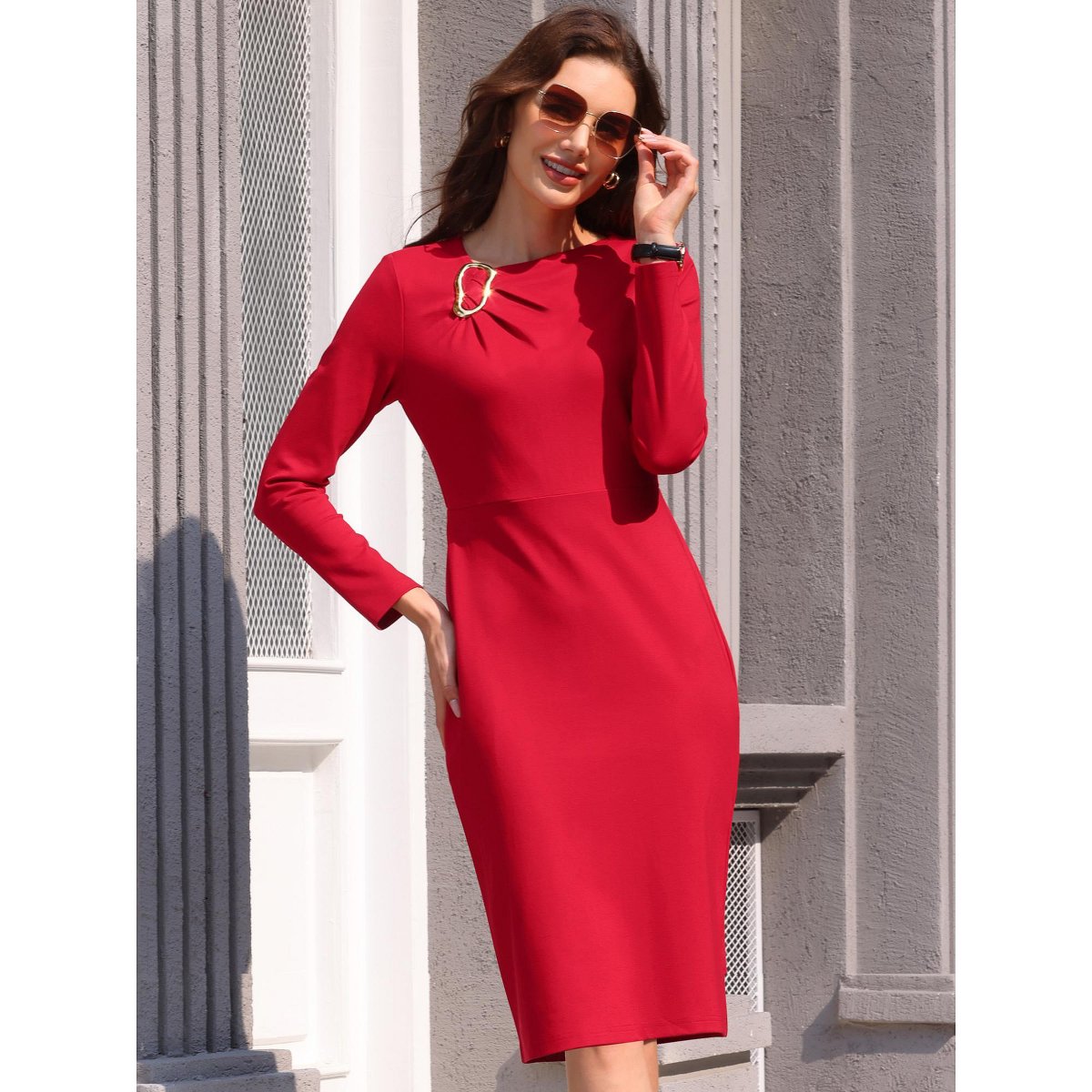 Женские платья INSPIRE CHIC Women's Work Long Sleeve Asymmetrical Neck Business Cocktail Bodycon Midi Dresses Large Red — фото 2