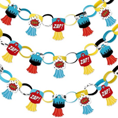 Big Dot of Happiness Bam Superhero - 90 Chain Links and 30 Paper Tassels Decoration Kit - Baby Shower or Birthday Party Paper Chains Garland - 21 feet