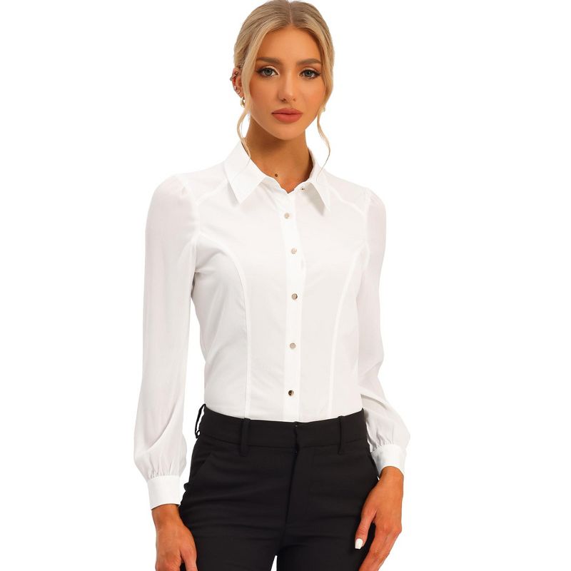 Allegra K Women's Chiffon Long Sleeve Collared Fitted Botton Down Work Office Blouse, 1 of 7