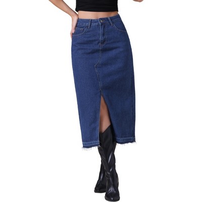 INSPIRE CHIC Women's Denim Front Slit Raw Hem High Waisted Midi Jean Skirts
