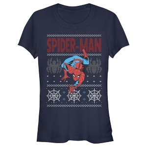 Juniors Womens Marvel Ugly Christmas Spider-Man Crawl T-Shirt - 1 of 3