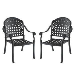Gulches Set of 2 Cast Aluminum Patio Dining Chairs - Black Frame + Blue Cushions, Weather/UV Resistant, Stackable, Carved Design - 1 of 4