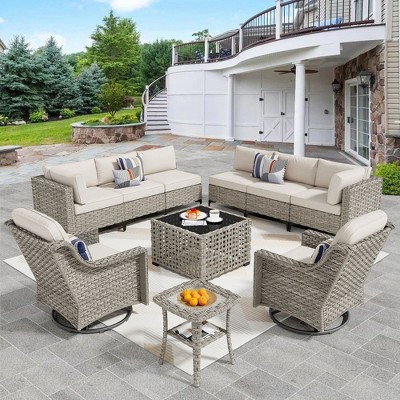 XIZZI 10PCS Furniture Set, Modular Sectional Sofa with Swivel Rocking Chairs and Side Table, Outside Coversation Set with Solar Coffee Table