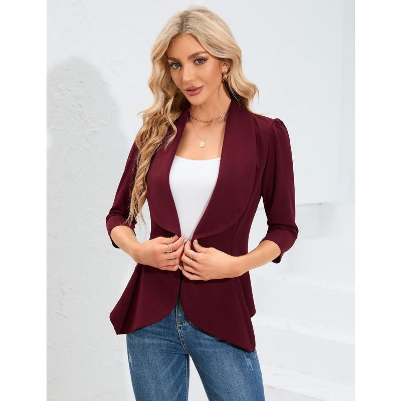 Womens Casual Blazer 3/4 Puff Sleeve Open Front Ruffle Work Office Cardigan Suit Jacket, 4 of 7