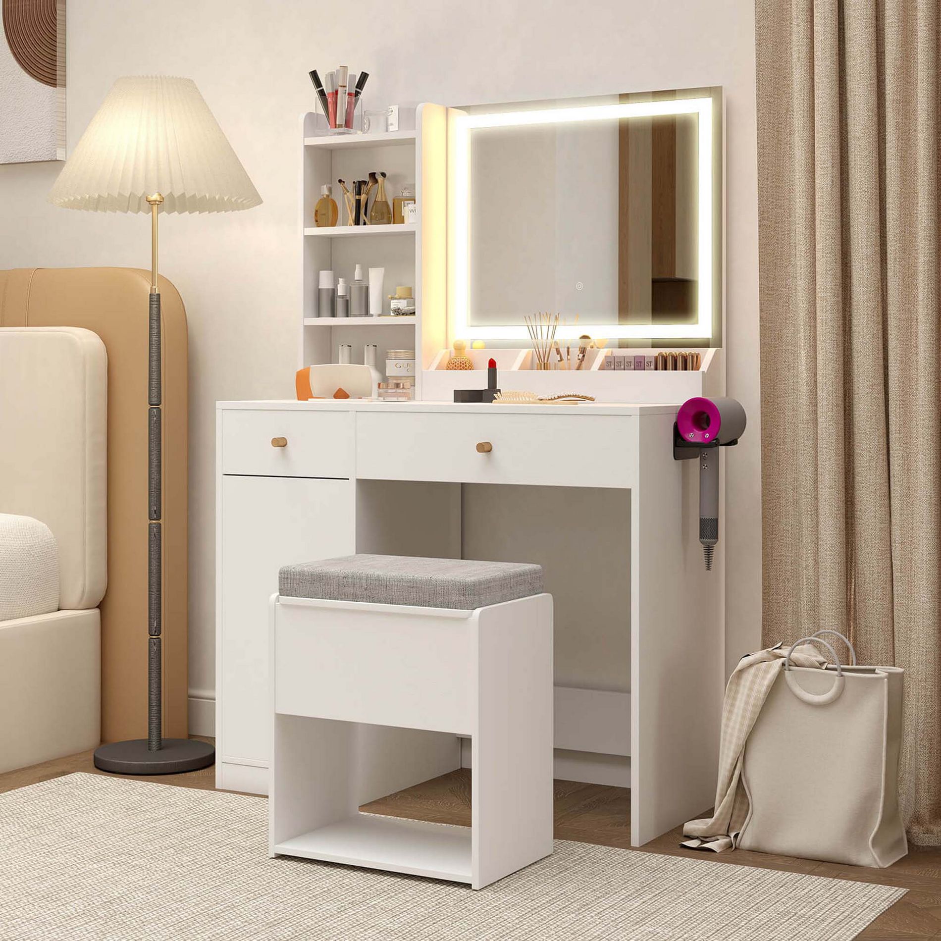 Costway Vanity Set Dressing Table and Chair Set with 3 Lighting Modes & Mirror and Lights White