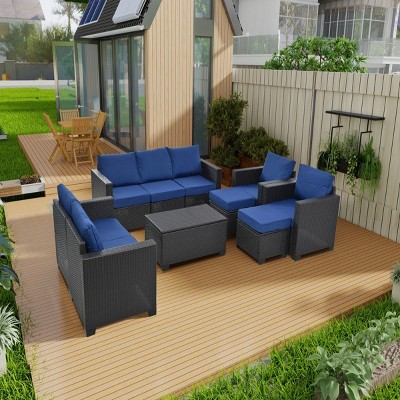 10-Piece PE Rattan Patio Seating Set,Patio Conversation Set With Cushions And Tempered Glass Top Table,Patio Sectional Sofa -Maison Boucle