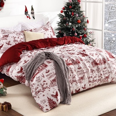 Christmas Duvet Covert Set, Xmas Pattered Holiday Comforter Quilt Cover with 2 Pillow Shams, Reversible Microfiber Bedding Set for Decoration