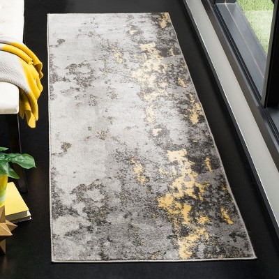 Grey and Yellow Abstract Synthetic Runner Rug, 2'-6" x 8'