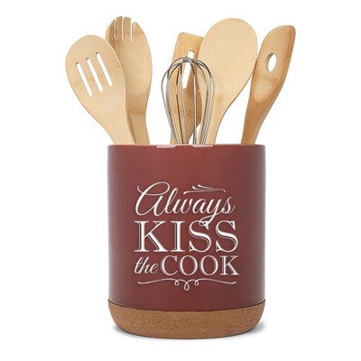 Elanze Designs Kiss The Cook Red X-Large Cork Bottom Kitchen Utensil Holder