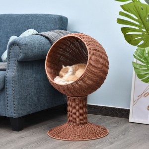 Kumasinova Elevated Cat Bed,Cat Basket Bed with Rotating Egg Chair Cushion,Natural Rattan Pet Bed with Thick Padding,Woven Cat Beds for Indoor Cats - 1 of 4