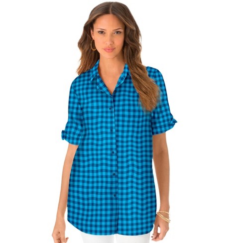 Roaman's Women's Plus Size French Check Big Shirt, 36 W - Ocean Teal Check