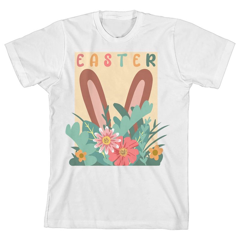 Dear Spring "Easter" Brown Bunny Ears With Eggs And Flowers Youth Girl's White Short Sleeve Crew Neck Tee, 1 of 4
