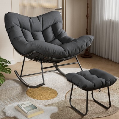 Outdoor Papasan Rocking Chair with Footrest, Oversized Lounge Chair with Ottoman and Sturdy Metal Frame, Patio Balcony Backyard Porch Bedroom, White