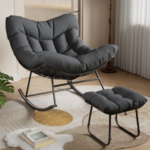 Outdoor Papasan Rocking Chair with Footrest, Oversized Lounge Chair with Ottoman and Sturdy Metal Frame, Patio Balcony Backyard Porch Bedroom, White - 1 of 4