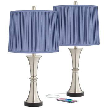 360 Lighting Seymore Modern Touch Table Lamps Set of 2 26" High Silver LED with USB Charging Port Blue Shirred Shade for Bedroom Living Room Kids Desk