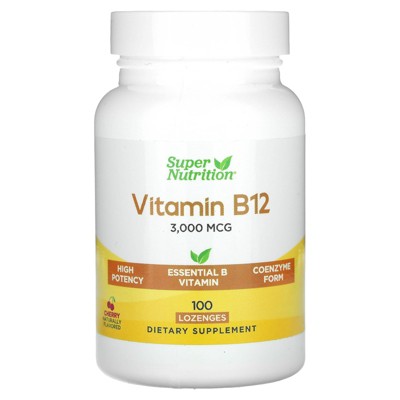 Super Nutrition Vitamin B12 as Methylcobalamin with Folate, Biotin and Vitamin B6, Cherry, 3,000 mcg, 100 Lozenges