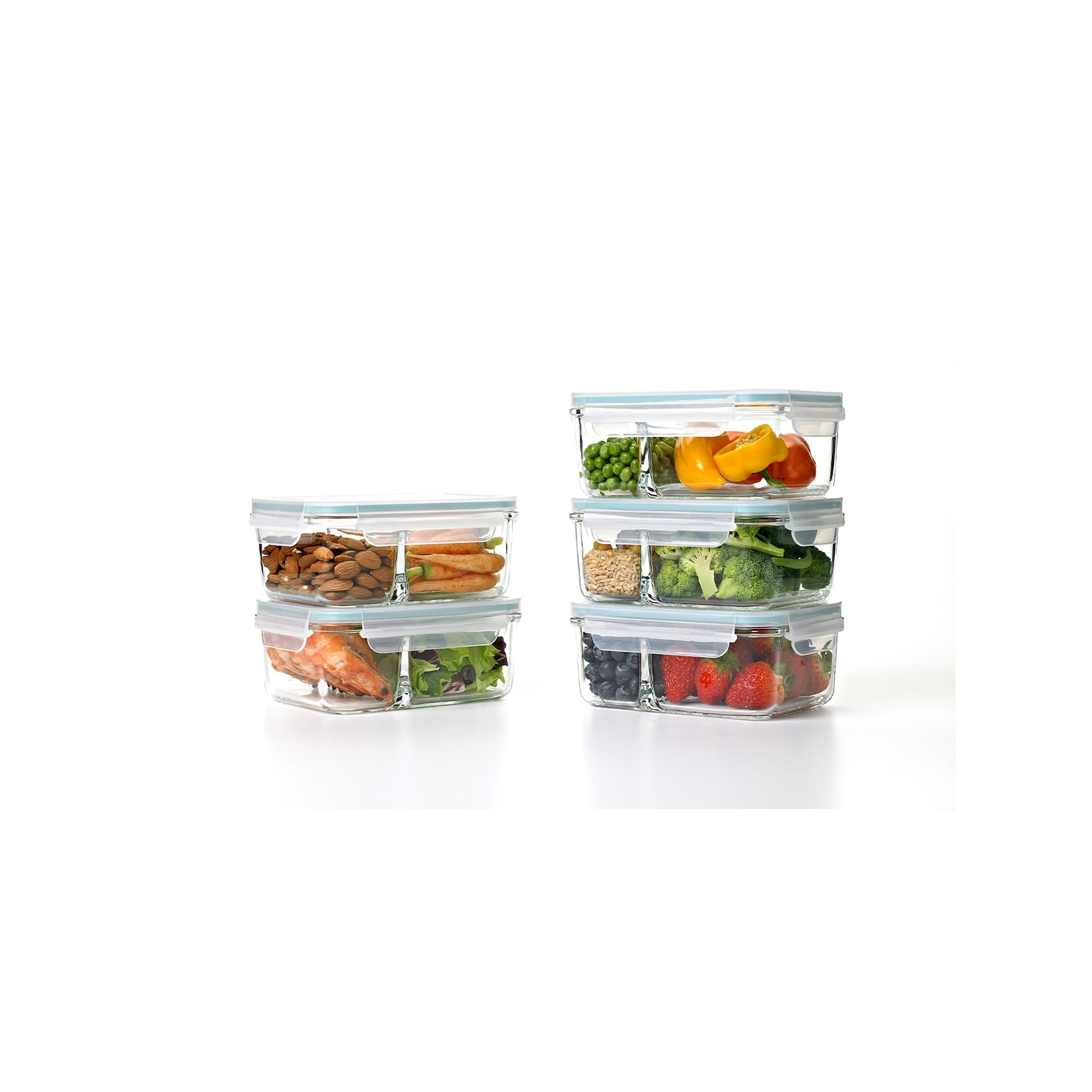 Glasslock Duo 5 Piece Clear Tempered Glass Microwave, Dishwasher, Freezer, and Fridge Safe Divided Food Storage Containers with BPA Free Plastic Lids