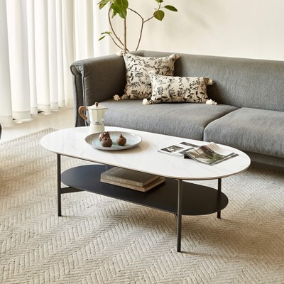 Vynxaria Elegant Ceramic Coffee Table - Double Layer Design with Walnut Finish