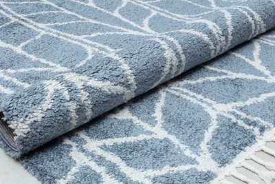 Sky Vine Blue Geometric Braided Area Rug with Tassels