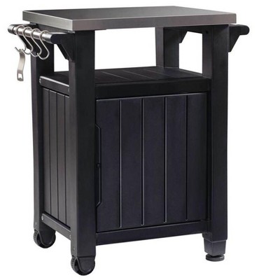 Keter Unity 40gal Patio Storage Grilling Bar Cart w/ Stainless Steel Top, Brown