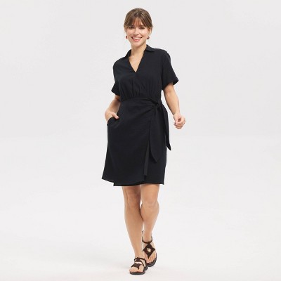 Женские платья Universal Thread Women's Short Sleeve Wrap Tie Mini Shirtdress - Universal Thread™ Black XS — фото 3