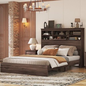 Streamdale Queen Size Wooden Platform Bed with Storage Headboard,American Country Style Bed with USB Charging Ports,Dark Walnut - 1 of 4