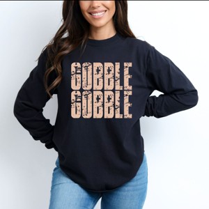Gobble Gobble Block Distressed - Women's Garment Dyed Long Sleeve Graphic T-Shirt - 1 of 4