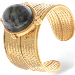 Anna-Kaci Women's Wide Statement Ring Gold Tone with Round Stone Marble-Like Stone and Textured Details - 1 of 4