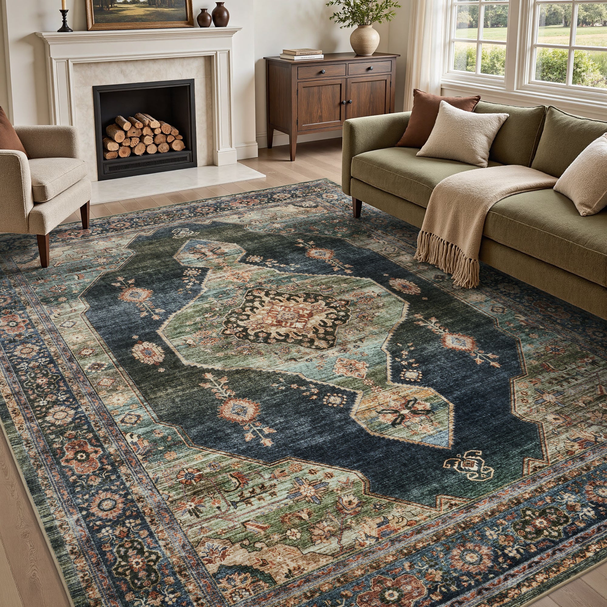 MontVoo Vintage Medallion Washable Rug Green/Teal 9'x12'