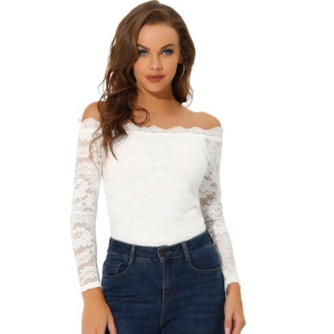 Allegra K Off Floral Lace Top For Women's Sheer Long Sleeves Slim Fit Casual Blouse White Small : Target