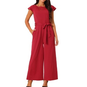 Seta T Women's Ruffle Cap Sleeve Belted High Waist Jumpsuits with Pockets - 1 of 4