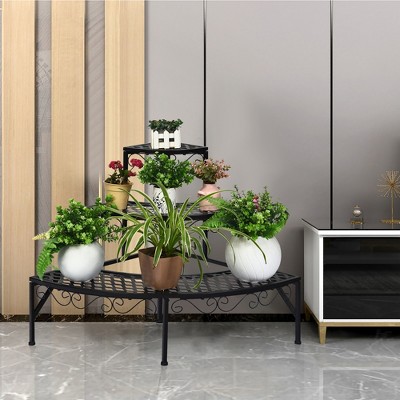 Black Metal 3-Tier Corner Plant Stand with Decorative Lace