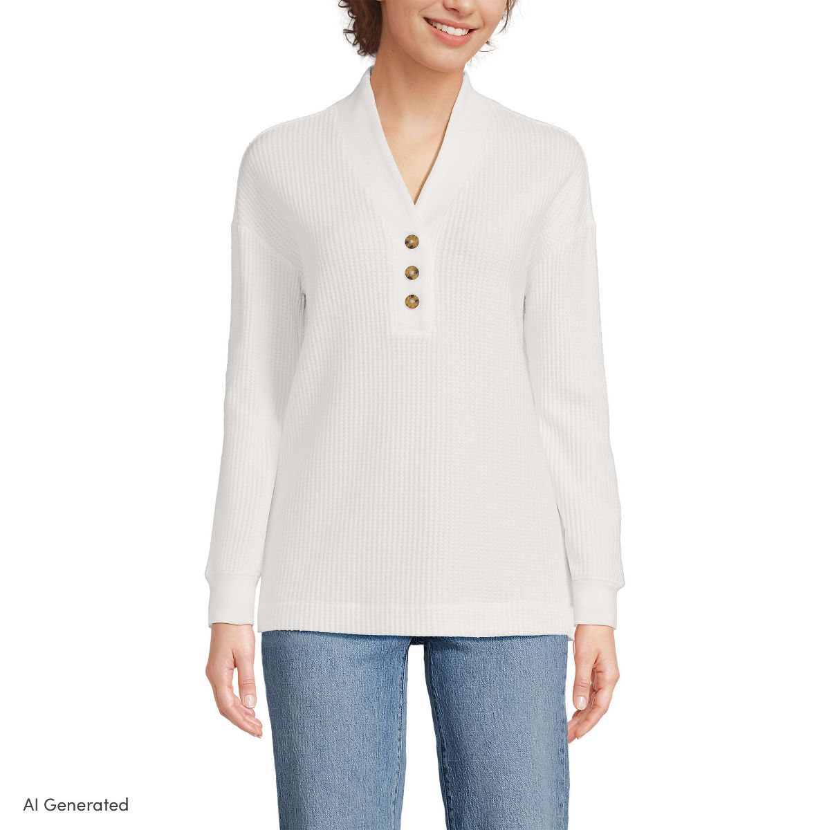 Lands' End Women's Long Sleeve Waffle Shawl Collar Henley - thumbnail 6
