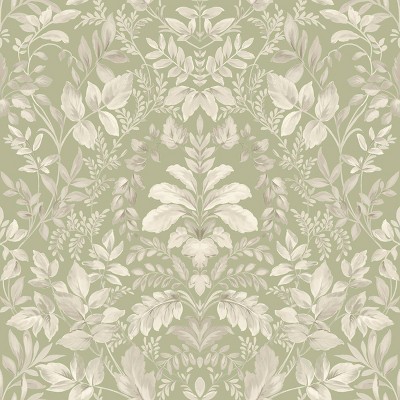 Holden Leaf Damask Sage Wallpaper: Non-Pasted Paper, Mid-Century Modern, Botanical Pattern, Smooth Matte Finish, 56 Sq Ft Coverage