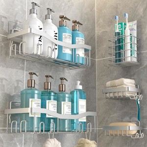 Aoibox Adhesive Shower Caddy, No Drilling Bath Organizers 5 Pack, Rustproof Shelves with Soap Holder & Toothbrush Holder, Bathroom Organizers, Silver - 1 of 4