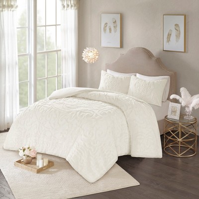 Ivory Cotton Chenille Medallion King/Cal King Duvet Cover Set