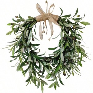 Artificial Olive Garland with Greenery Leaves Faux Olive Wreath Front Door Farmhouse Wall Decor Hanging Green Wreath - 1 of 4