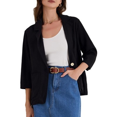 INSPIRE CHIC Women's 3/4 Sleeves Casual One Button Notched Lapel Side Pockets Blazer