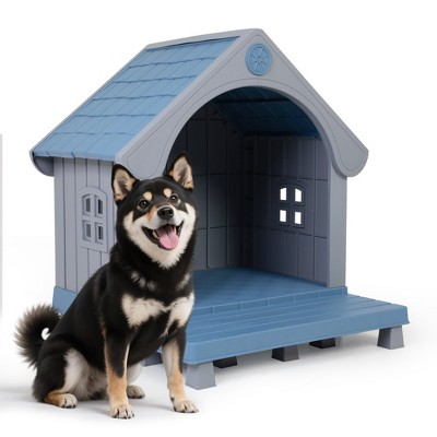 Plastic Outdoor Dog House with Porch, Grey and Blue