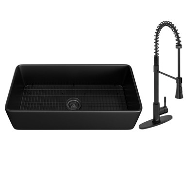 CASAINC 36'' Rectangular Single Bowl Fireclay Farmhouse Apron Kitchen Sink with Kitchen Faucet, Matte Black