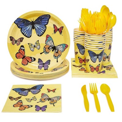 Blue Panda 24 Set Butterfly Birthday Party Supply Pack Knives Spoon Fork Plate Napkin Cups